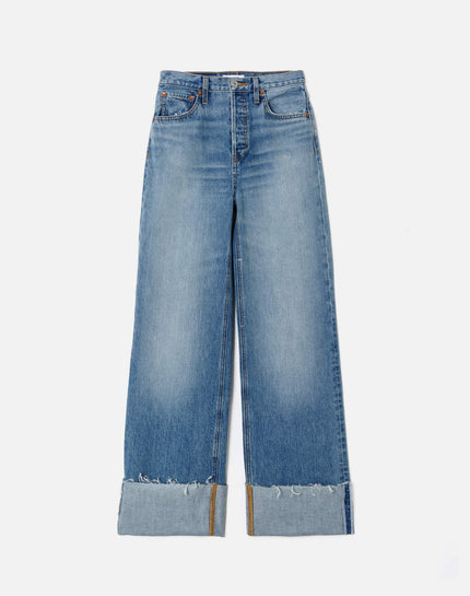 RE/DONE- High Rise Wide Leg Cuff Denim Jeans- Vintage Biker Blue - Edit by Elaine Turner
