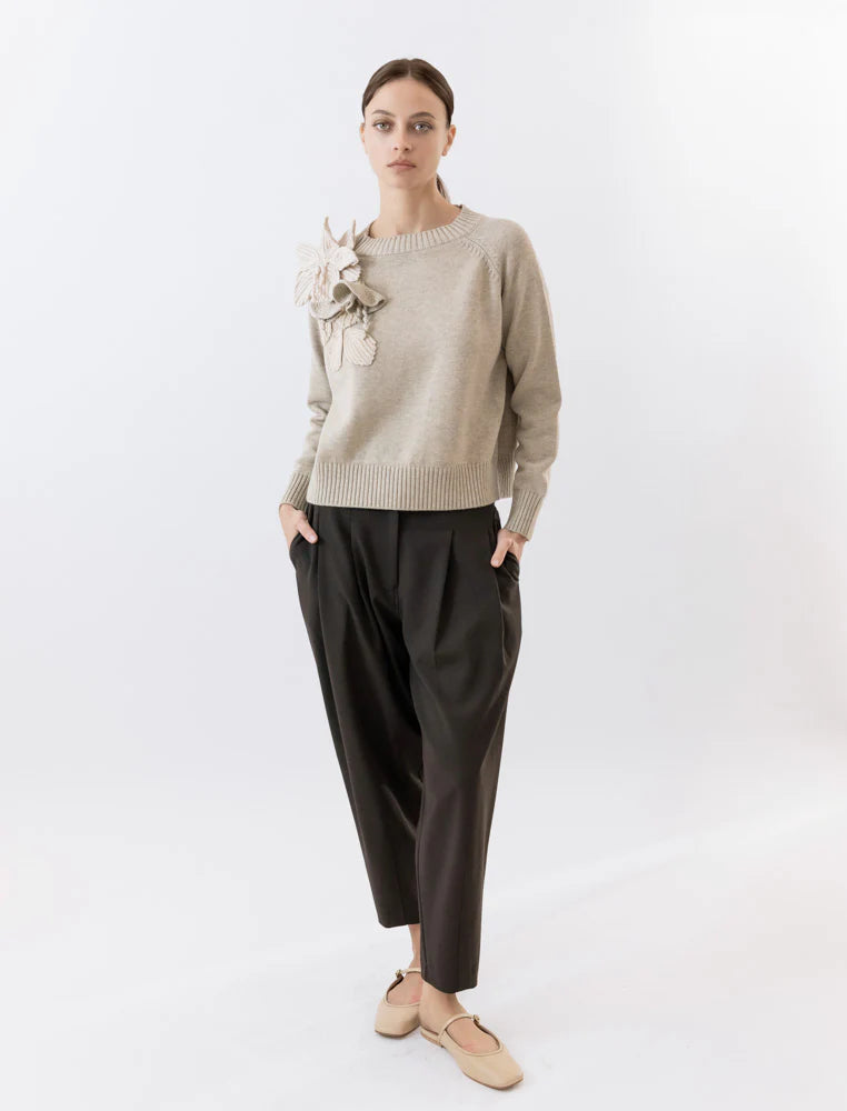 High Neck Sweater with Woven Floral Detail