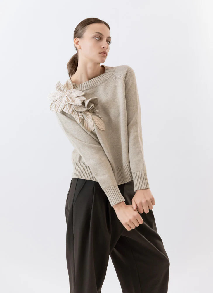 High Neck Sweater with Woven Floral Detail
