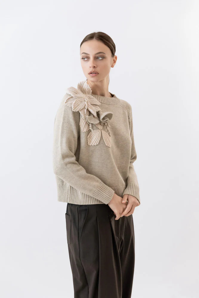 High Neck Sweater with Woven Floral Detail