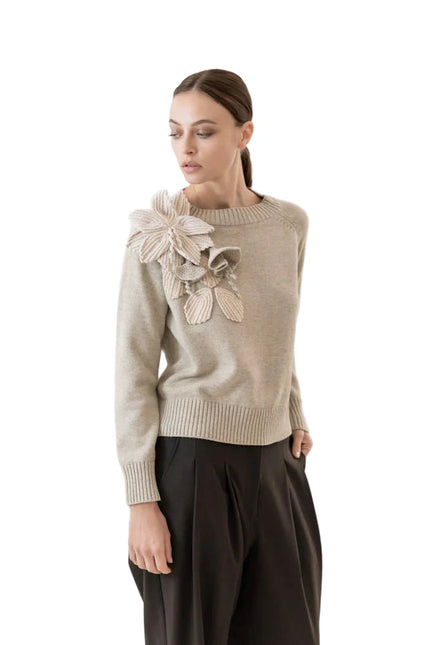 High Neck Sweater with Woven Floral Detail