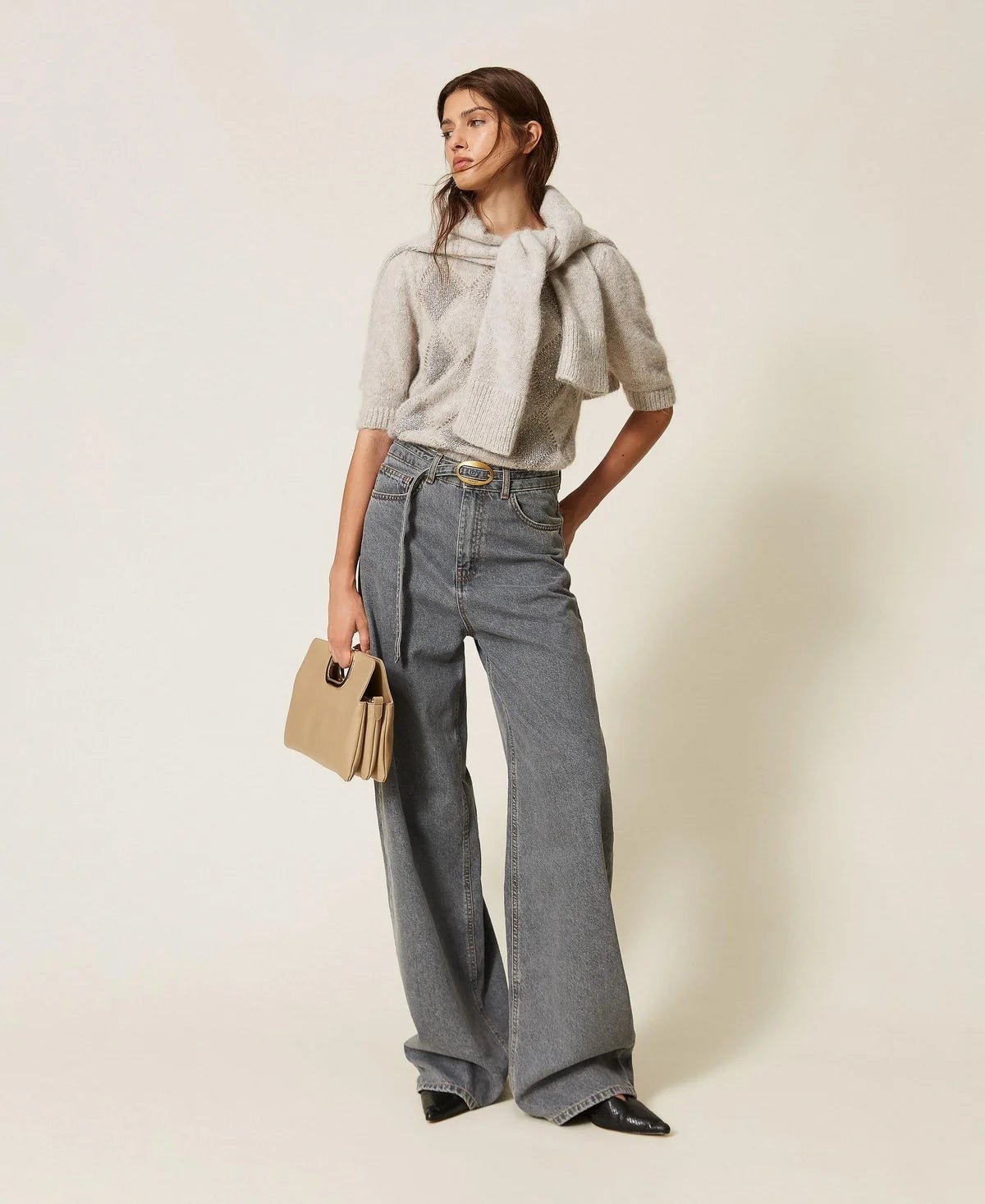 Twinset- Jacquard Diamond Sweater with Sequins - Light Grey Melange - Edit by Elaine Turner