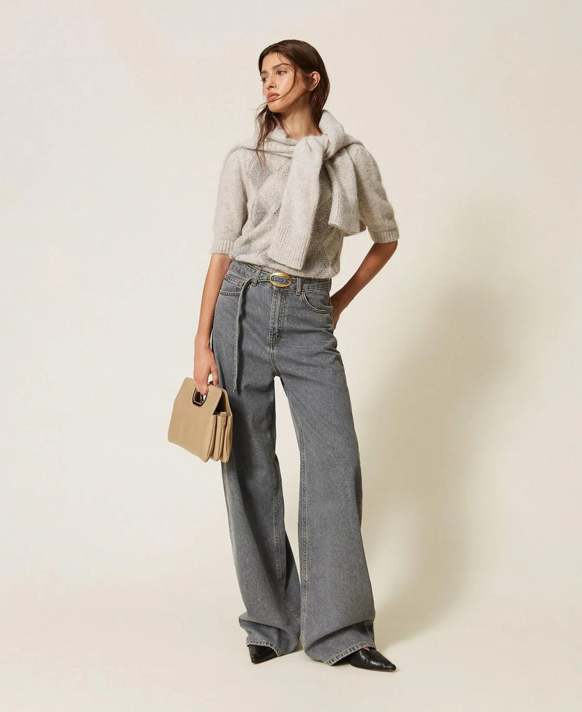 Twinset- Jacquard Diamond Sweater with Sequins - Light Grey Melange - Edit by Elaine Turner