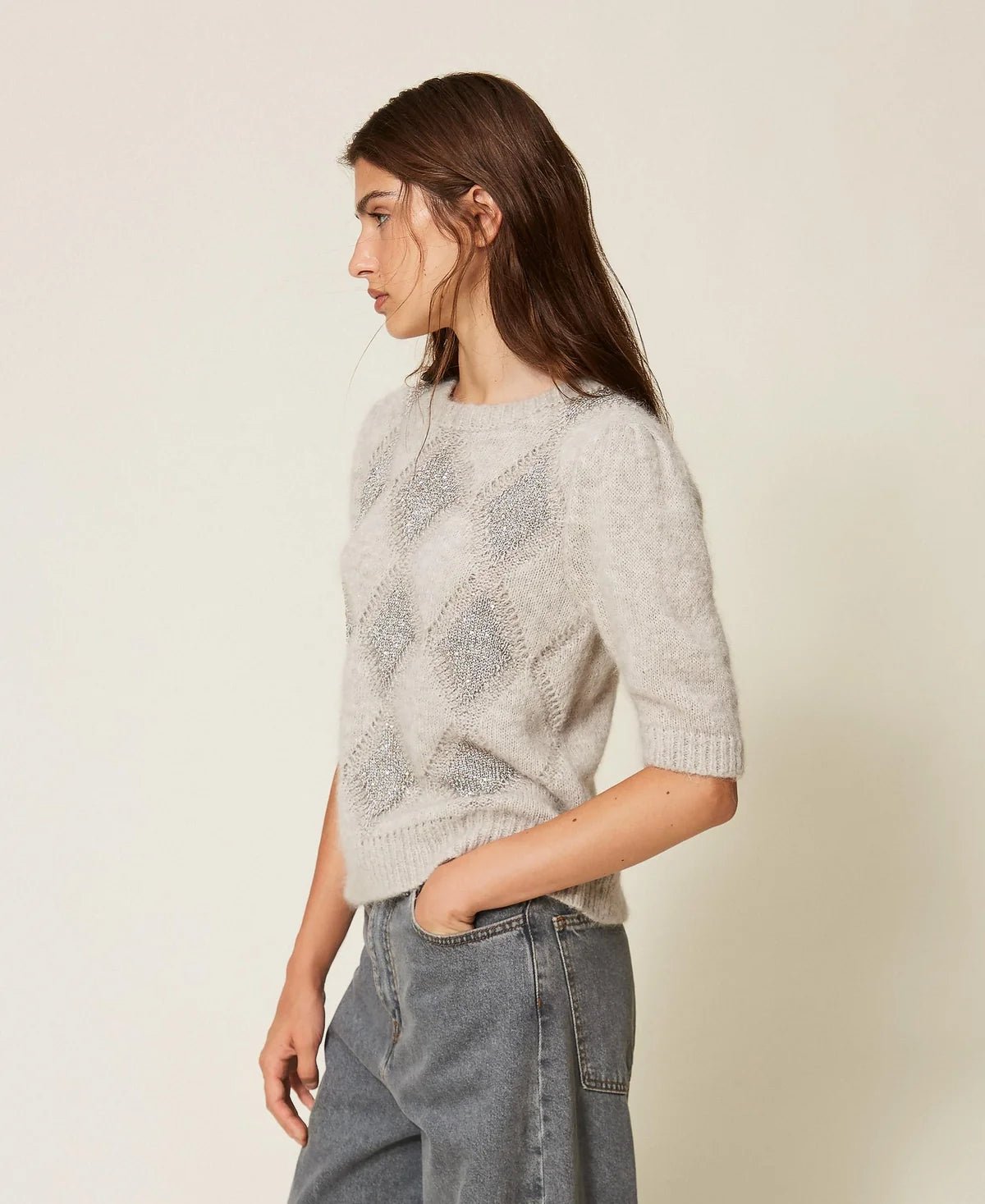 Twinset- Jacquard Diamond Sweater with Sequins - Light Grey Melange - Edit by Elaine Turner