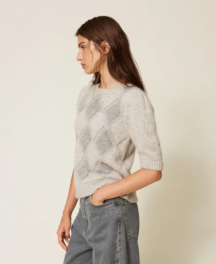 Twinset- Jacquard Diamond Sweater with Sequins - Light Grey Melange - Edit by Elaine Turner