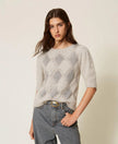 Twinset- Jacquard Diamond Sweater with Sequins - Light Grey Melange - Edit by Elaine Turner