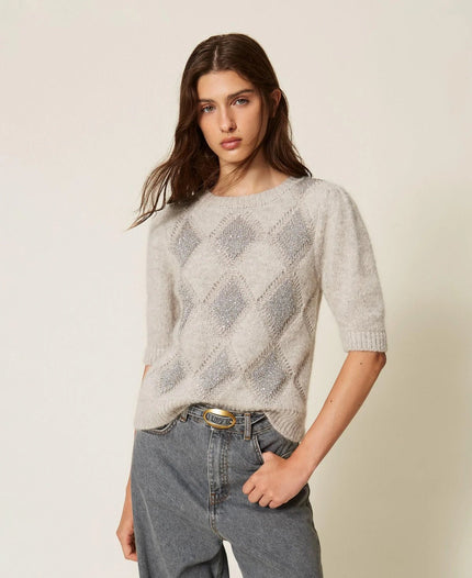 Twinset- Jacquard Diamond Sweater with Sequins - Light Grey Melange - Edit by Elaine Turner