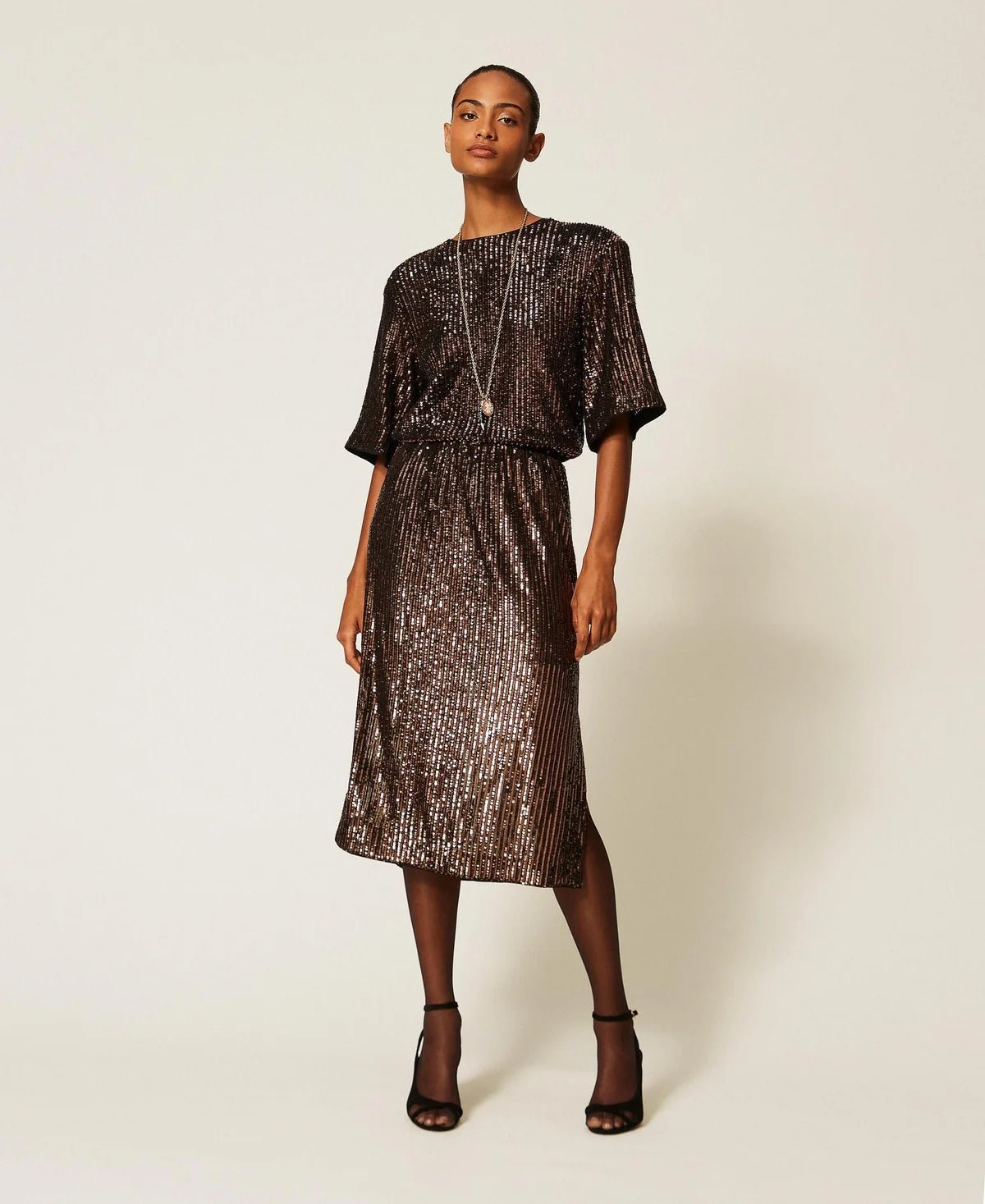Twinset- Sequin Crew Neck Blouse - Brown Sequin Stripe - Edit by Elaine Turner