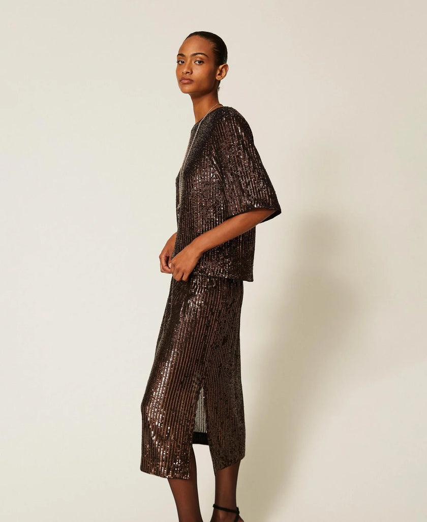 Twinset- Sequin Crew Neck Blouse - Brown Sequin Stripe - Edit by Elaine Turner