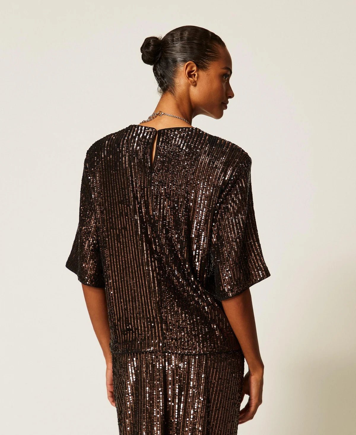 Twinset- Sequin Crew Neck Blouse - Brown Sequin Stripe - Edit by Elaine Turner