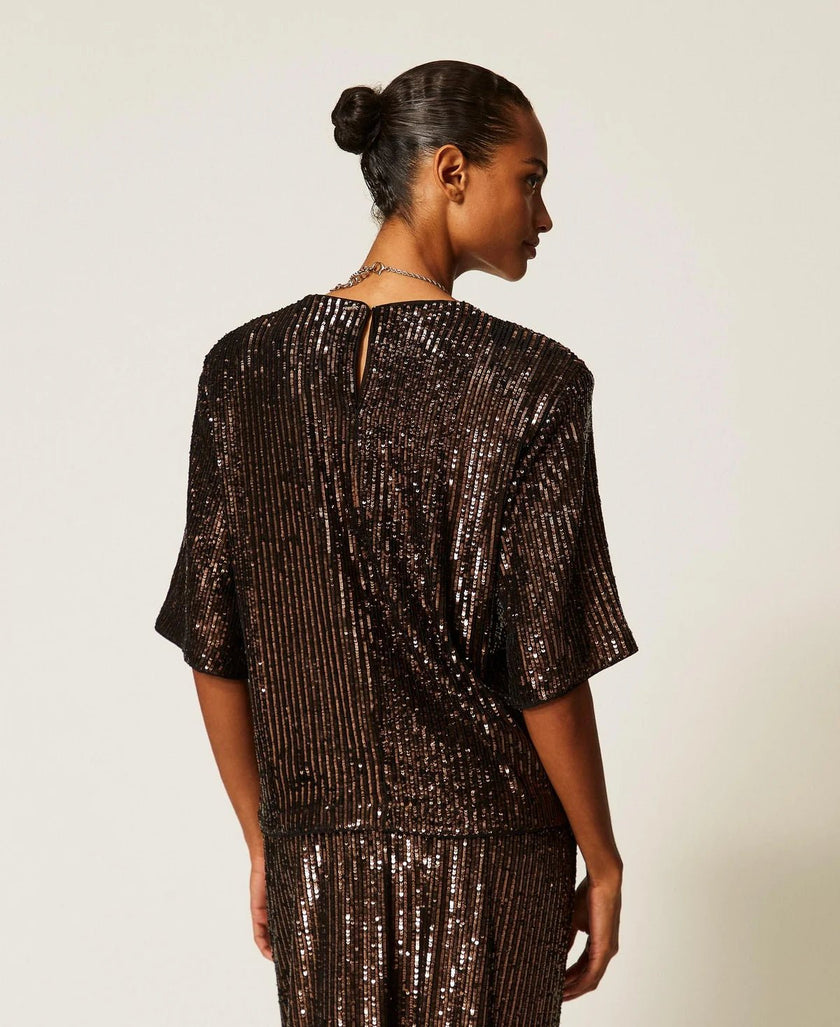 Twinset- Sequin Crew Neck Blouse - Brown Sequin Stripe - Edit by Elaine Turner