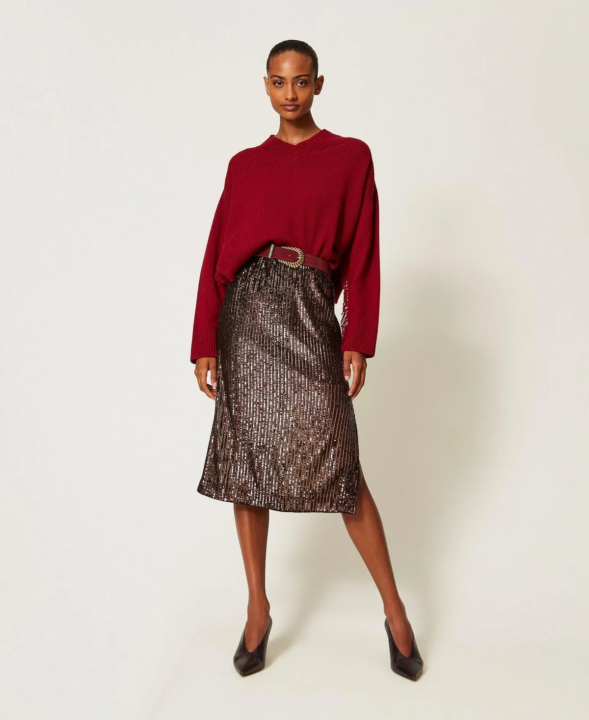 Twinset- Sequin Midi Skirt - Brown Sequin Stripes - Edit by Elaine Turner