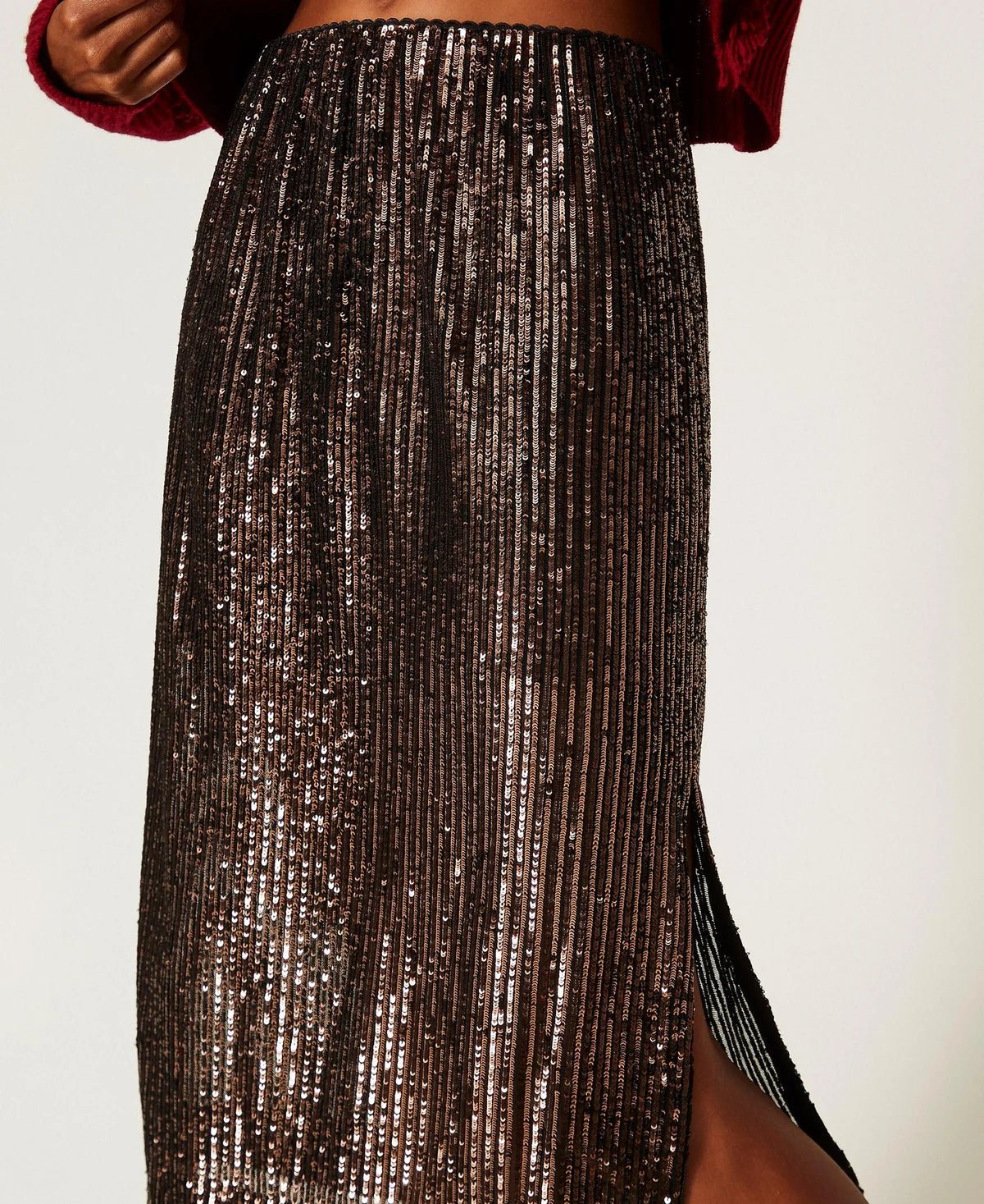 Twinset- Sequin Midi Skirt - Brown Sequin Stripes - Edit by Elaine Turner
