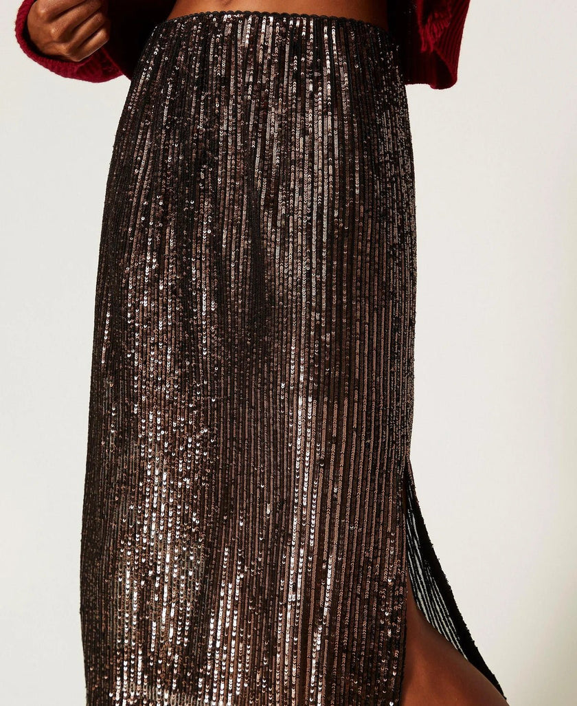Twinset- Sequin Midi Skirt - Brown Sequin Stripes - Edit by Elaine Turner