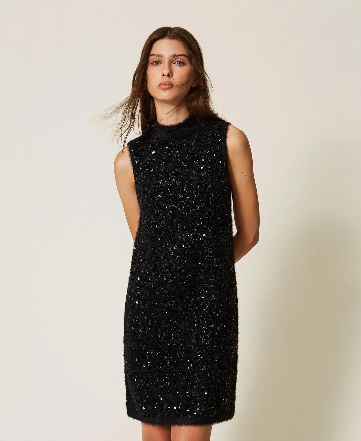Twinset- Short Turtleneck Knit Dress with Embroidery - Black - Edit by Elaine Turner