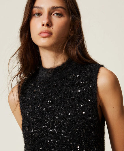 Twinset- Short Turtleneck Knit Dress with Embroidery - Black - Edit by Elaine Turner