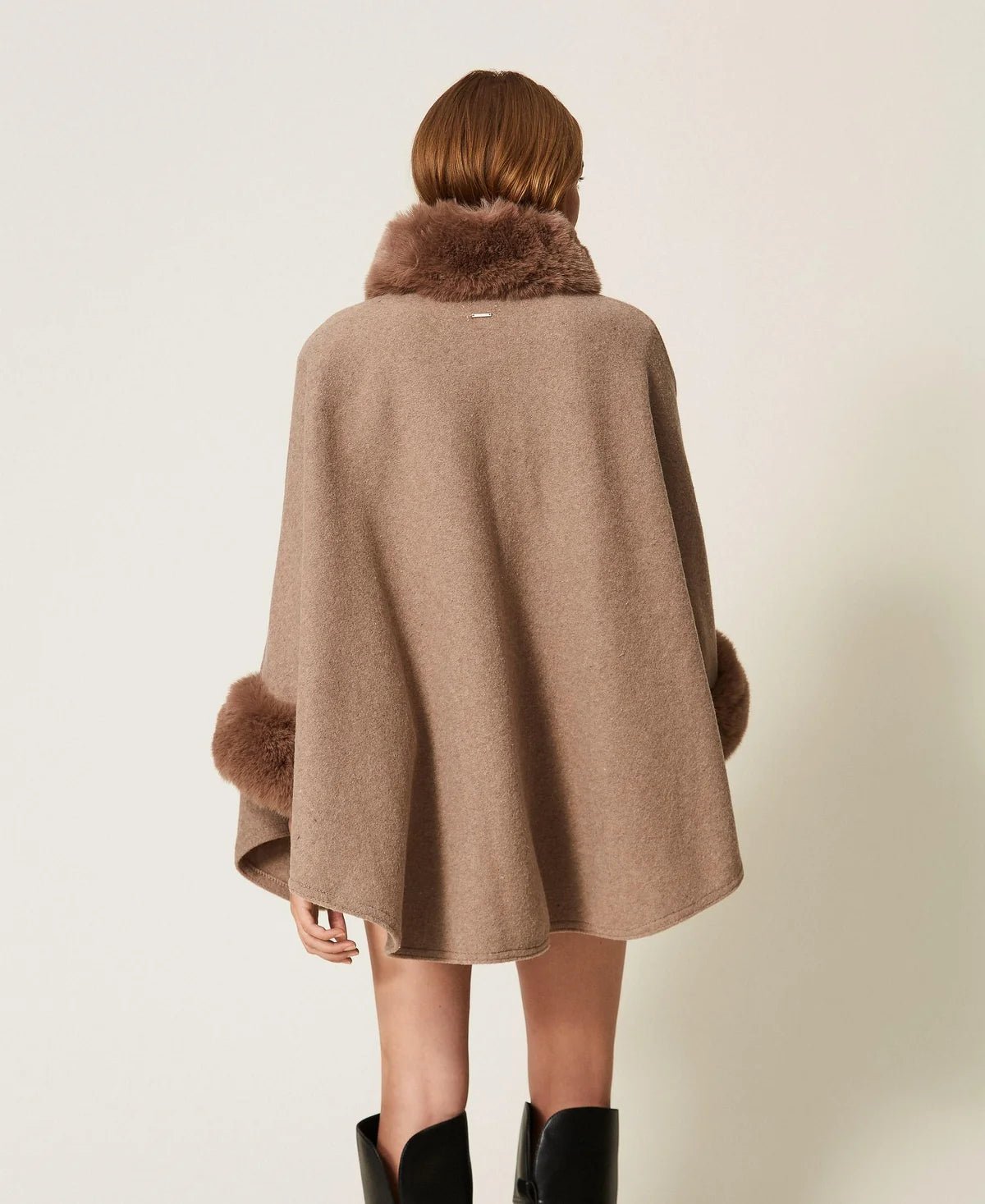 Twinset- Soft Poncho with Faux Fur - Putty Melange - Edit by Elaine Turner