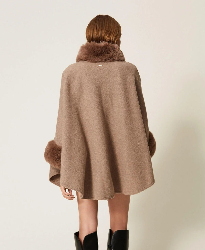Twinset- Soft Poncho with Faux Fur - Putty Melange - Edit by Elaine Turner