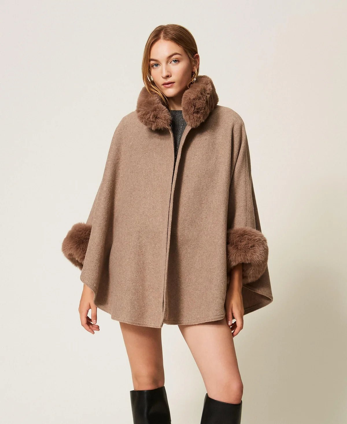 Twinset- Soft Poncho with Faux Fur - Putty Melange - Edit by Elaine Turner
