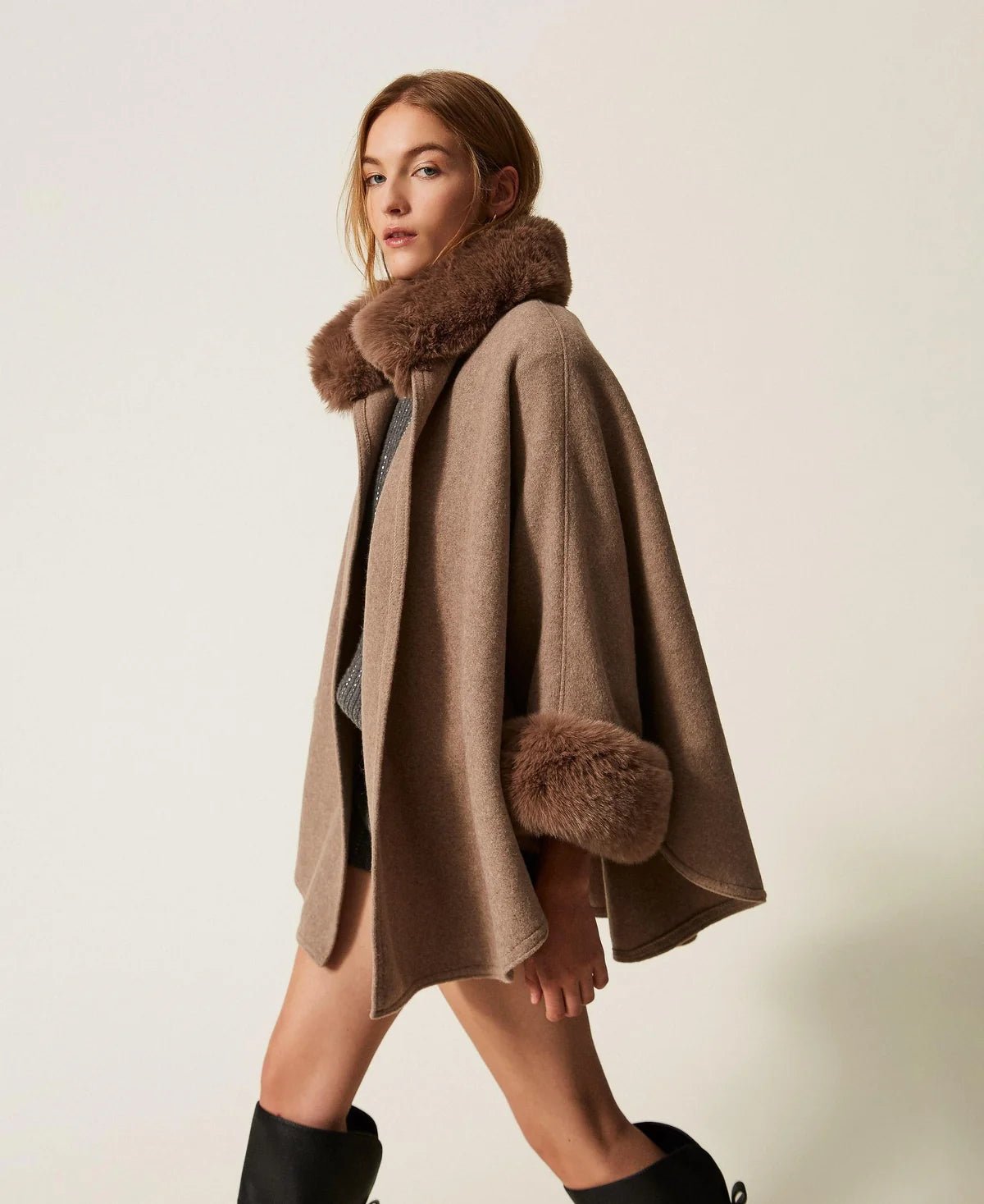 Twinset- Soft Poncho with Faux Fur - Putty Melange - Edit by Elaine Turner