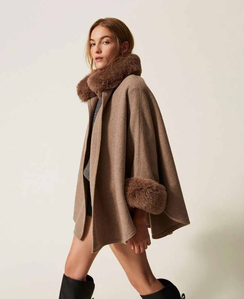 Twinset- Soft Poncho with Faux Fur - Putty Melange - Edit by Elaine Turner