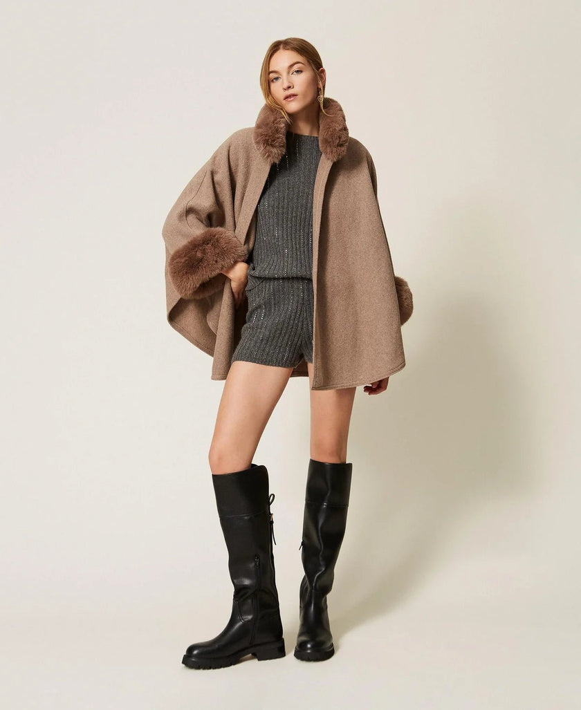 Twinset- Soft Poncho with Faux Fur - Putty Melange - Edit by Elaine Turner