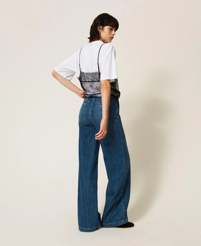 Twinset- Wide Leg Jeans with Ribbing - Mid Denim Blue - Edit by Elaine Turner