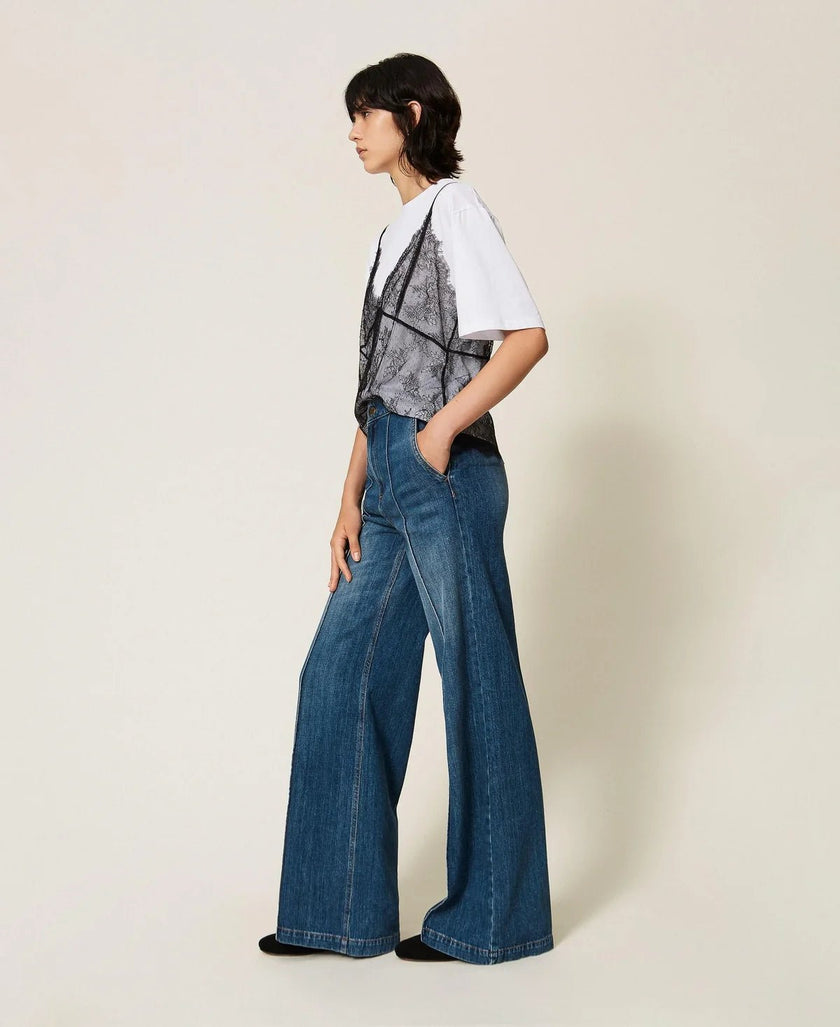 Twinset- Wide Leg Jeans with Ribbing - Mid Denim Blue - Edit by Elaine Turner