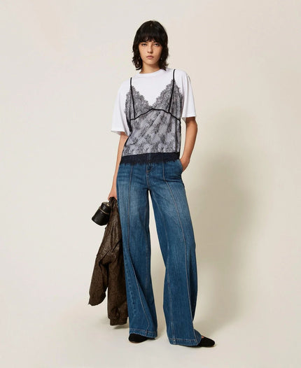 Twinset- Wide Leg Jeans with Ribbing - Mid Denim Blue - Edit by Elaine Turner