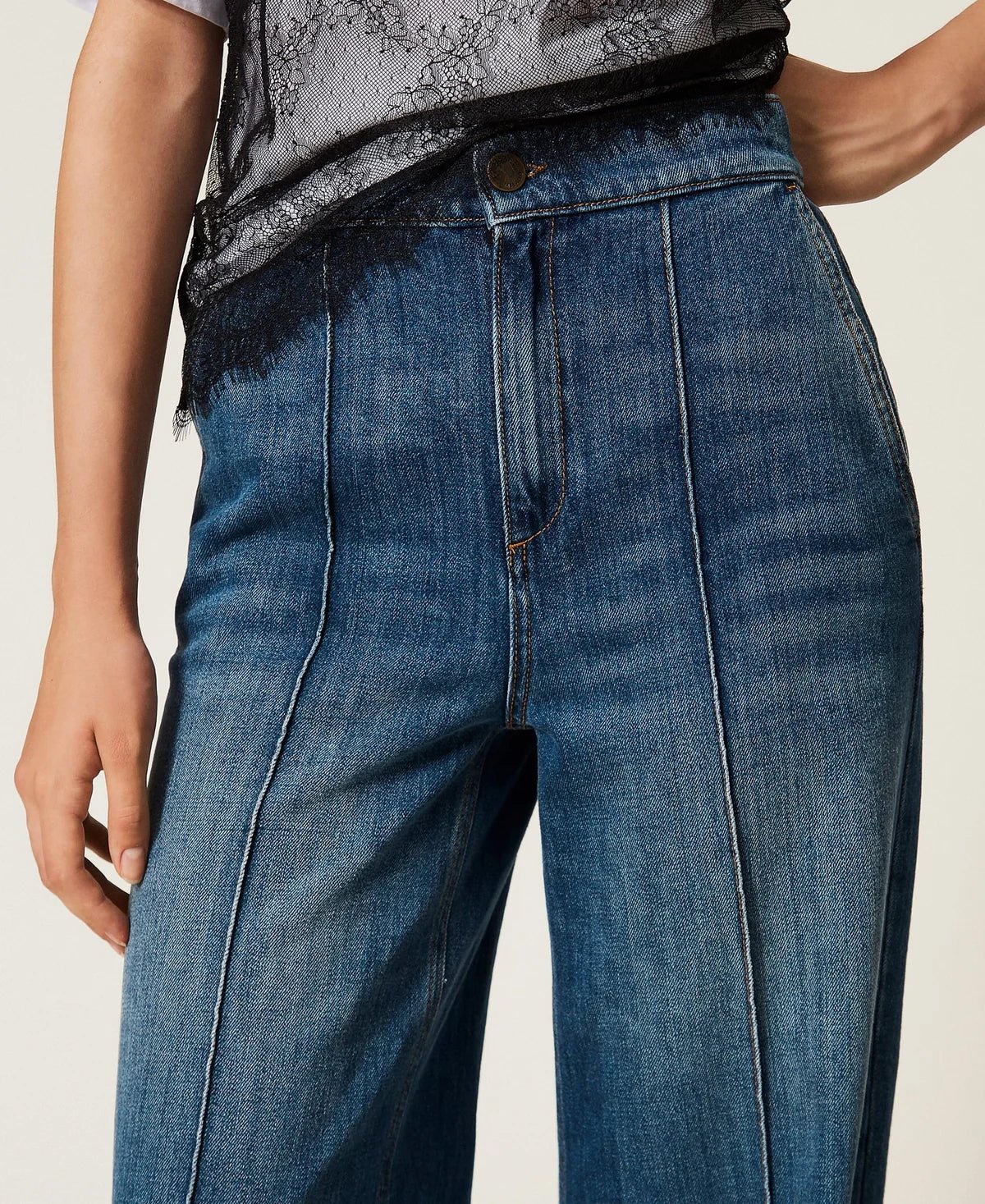 Twinset- Wide Leg Jeans with Ribbing - Mid Denim Blue - Edit by Elaine Turner