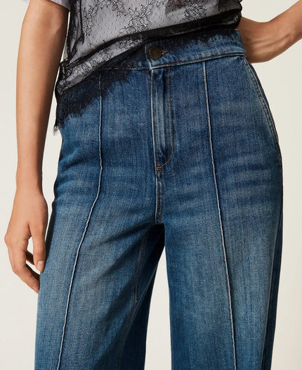 Twinset- Wide Leg Jeans with Ribbing - Mid Denim Blue - Edit by Elaine Turner