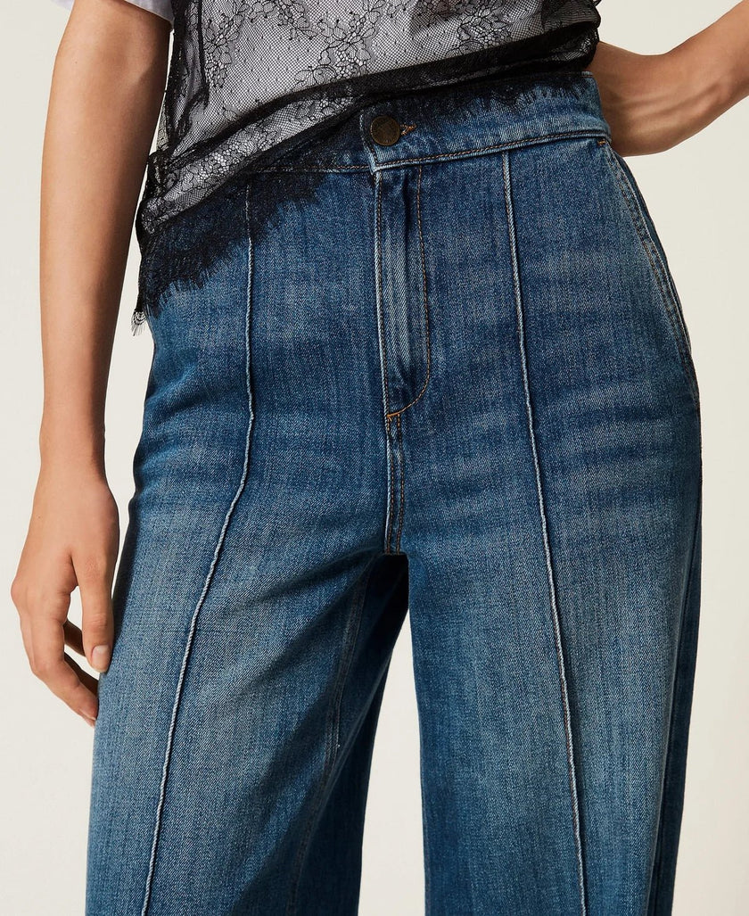 Twinset- Wide Leg Jeans with Ribbing - Mid Denim Blue - Edit by Elaine Turner