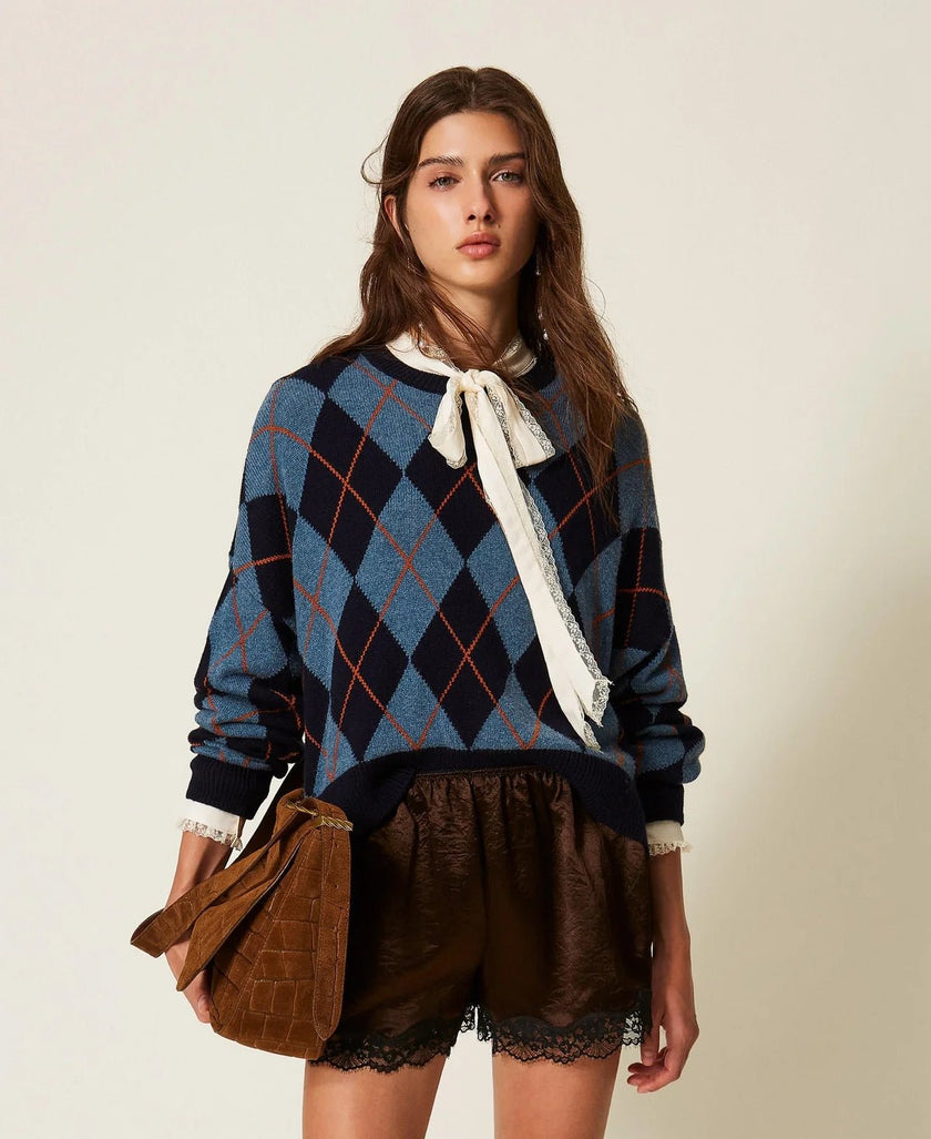 Twinset- Wool Blend Jacquard Sweater- Indigo Blue Argyle Inlay - Edit by Elaine Turner