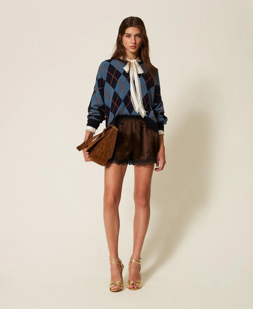 Twinset- Wool Blend Jacquard Sweater- Indigo Blue Argyle Inlay - Edit by Elaine Turner