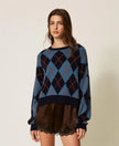 Twinset- Wool Blend Jacquard Sweater- Indigo Blue Argyle Inlay - Edit by Elaine Turner