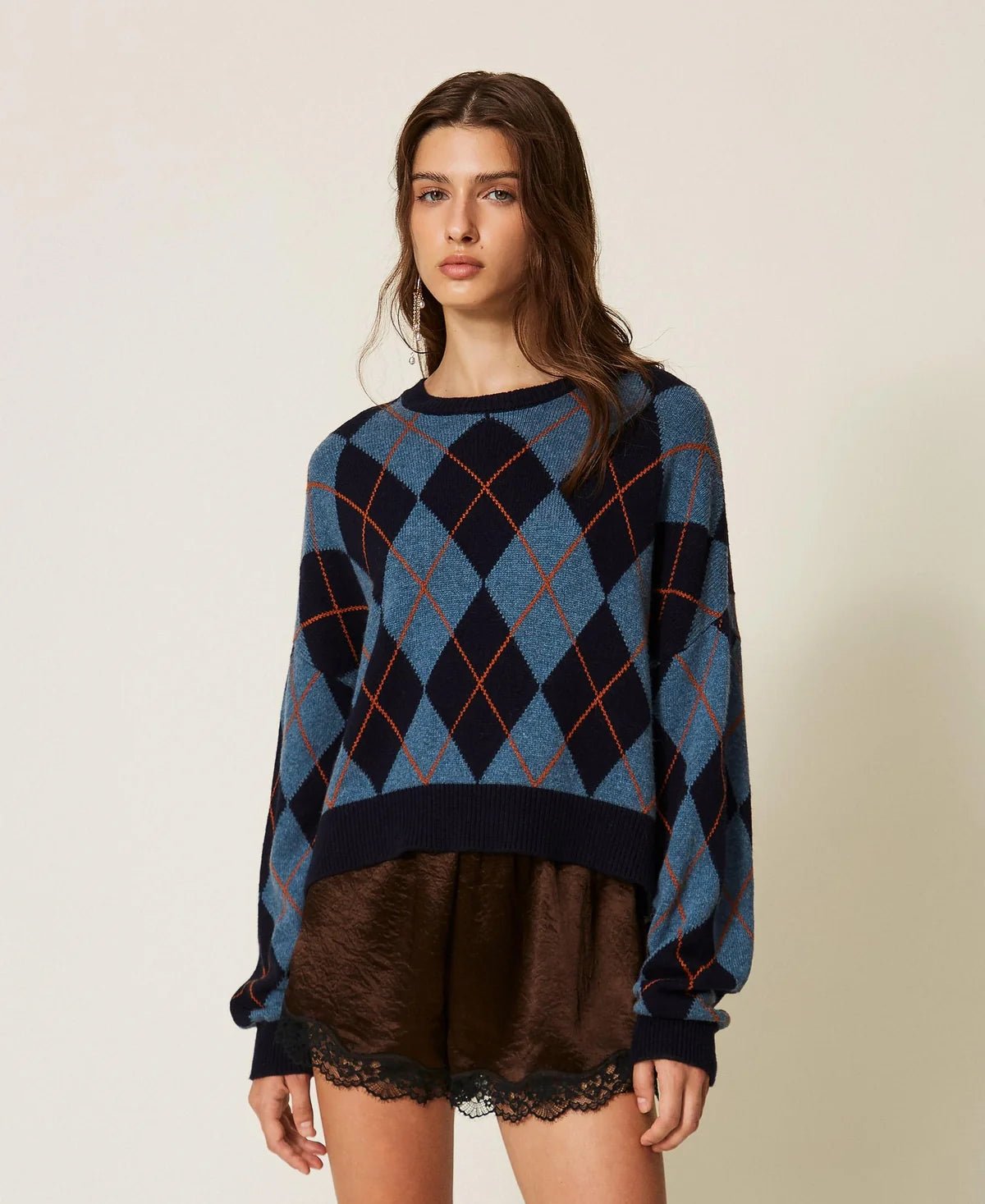Twinset- Wool Blend Jacquard Sweater- Indigo Blue Argyle Inlay - Edit by Elaine Turner