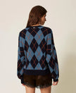 Twinset- Wool Blend Jacquard Sweater- Indigo Blue Argyle Inlay - Edit by Elaine Turner