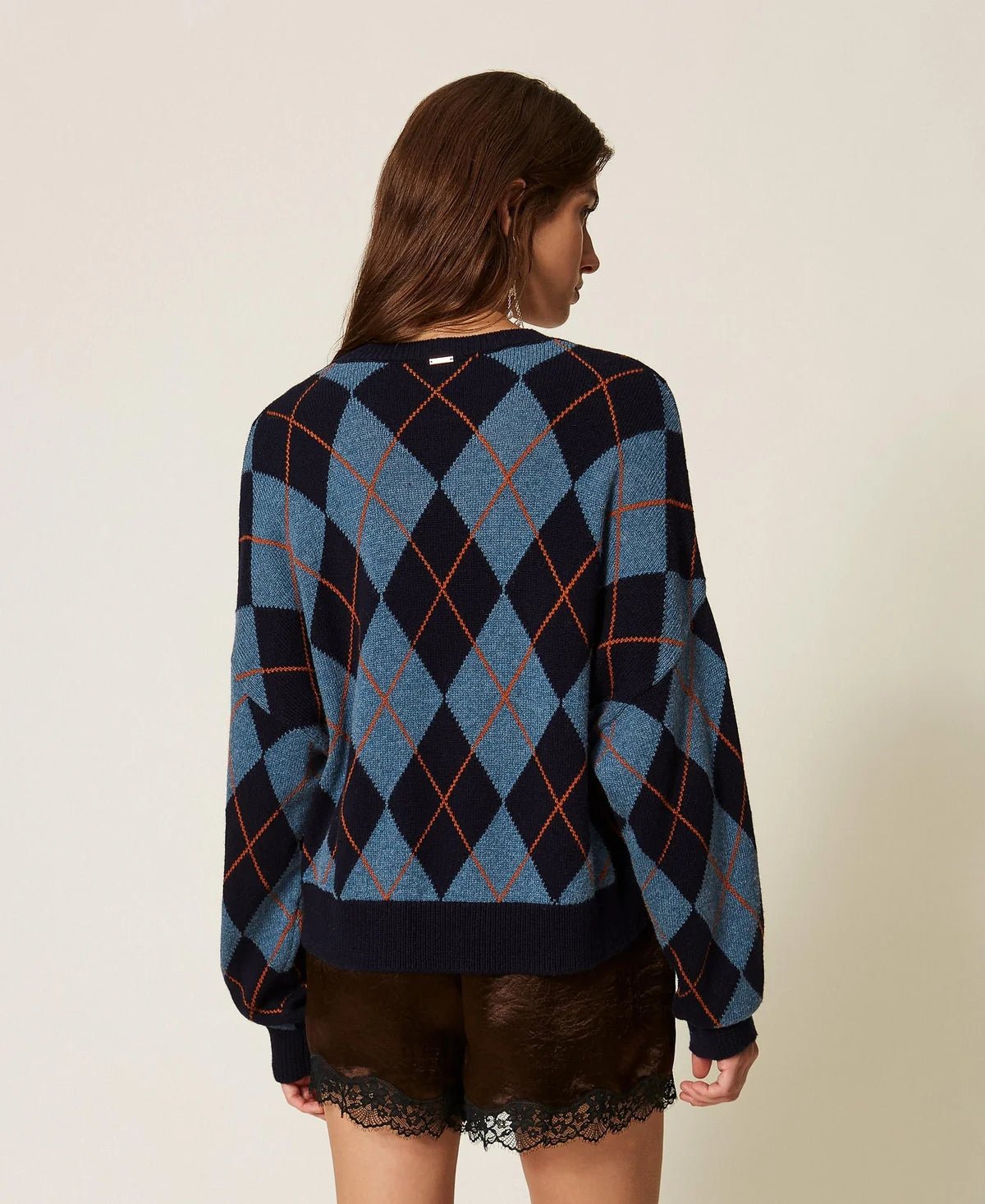 Twinset- Wool Blend Jacquard Sweater- Indigo Blue Argyle Inlay - Edit by Elaine Turner