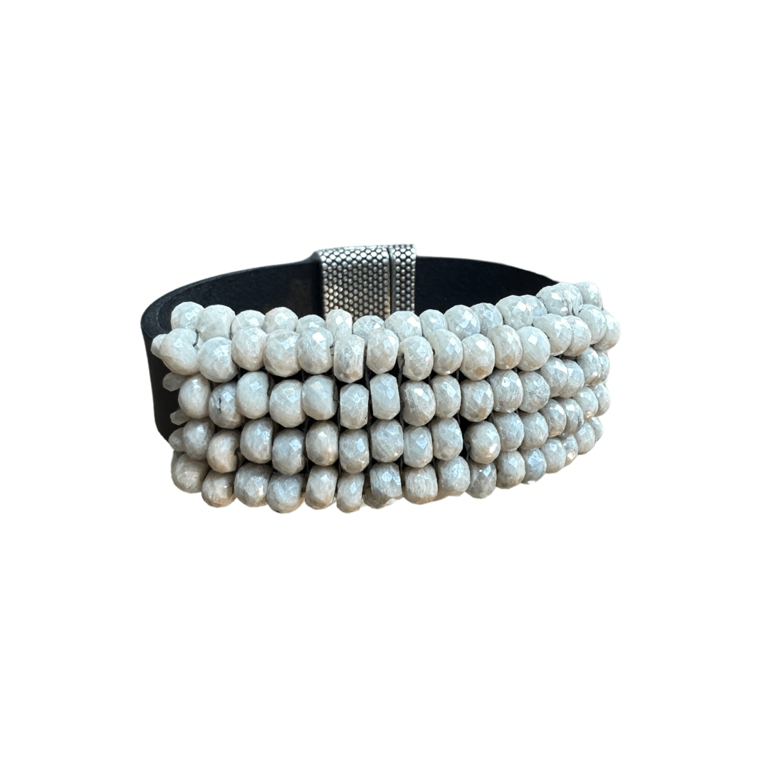 White Silverite and Antique Black Leather Bracelet - Edit by Elaine Turner